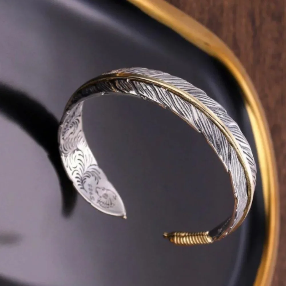 Takahashi Goro's Handmade Silver Golden Feather Cuff Bracelet Bangle